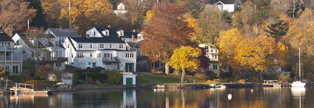 A group of houses on a lake surrounded by trees.