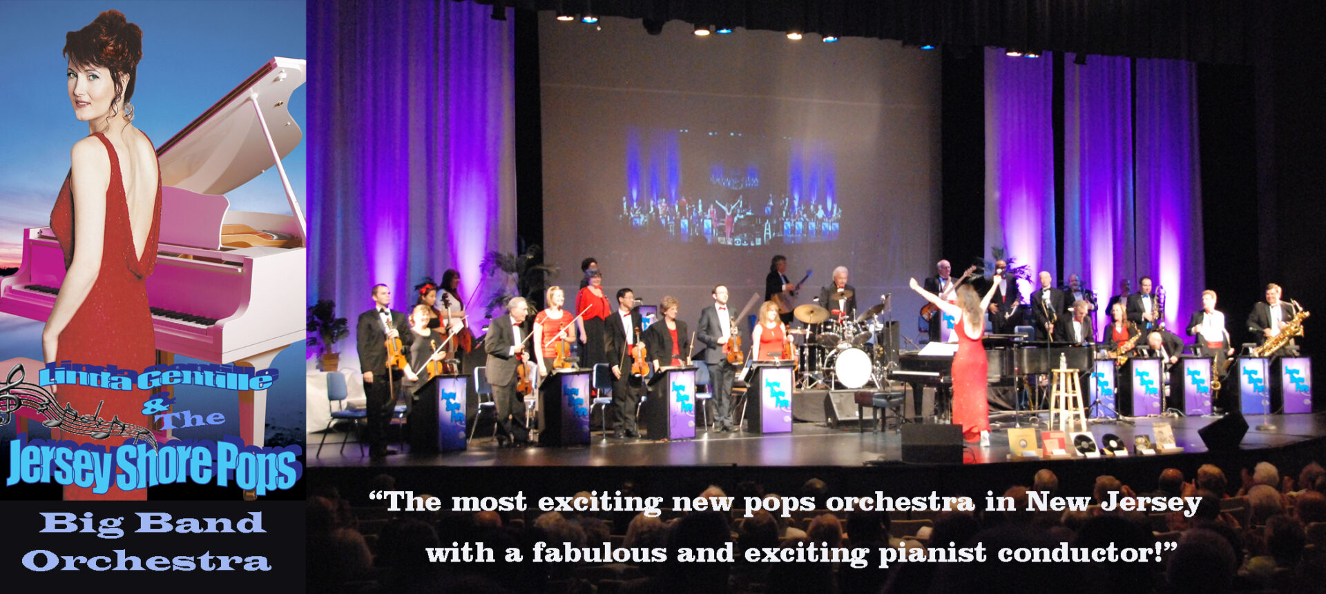 A group of people on stage with a big band.