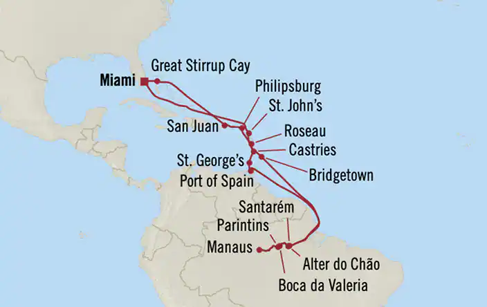 A map showing the route of a cruise to the caribbean.